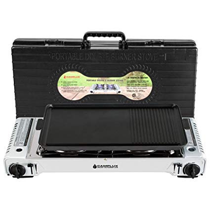 CAMPLUX ENJOY OUTDOOR LIFE Camplux Portable Camping Butane Gas Stove Twin Burner with NON STICK GRILL and Carrying Case, (Stainless Steel & White)