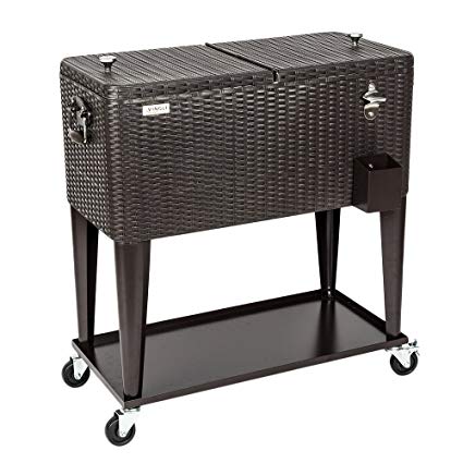 VINGLI 80 Quart Rolling Ice Chest on Wheels, Portable Patio Party Bar Drink Cooler Cart, Wicker PP Rattan with Shelf, Beverage Pool with Bottle Opener and Rolling Cover